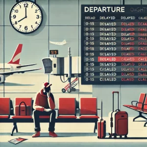 Ein gestresster Reisender sitzt auf einer Flughafenbank mit Gepäck, während er auf eine Anzeigetafel blickt, die mehrere Flugverpätungen und Flugannullierungen in roten Buchstaben zeigt. Im Hintergrund sind ein leerer Abflugbereich, eine Uhr mit später Stunde und ein geparktes Flugzeug auf dem Rollfeld zu sehen. Die Szene vermittelt das Gefühl von Frustration und Reisechaos.